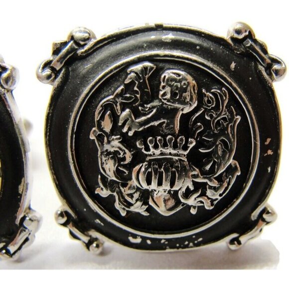 LION Crown Cufflinks Silver Tone Black Enamel Royal Wedding Vtg Signed Swank - Picture 4 of 8